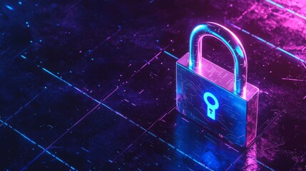 The concept of cyber security is shown on a glow polygon padlock on a technology background with copy space