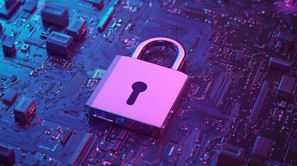 The image shows a glow polygon padlock on a technology background with copy space, representing cyber security.