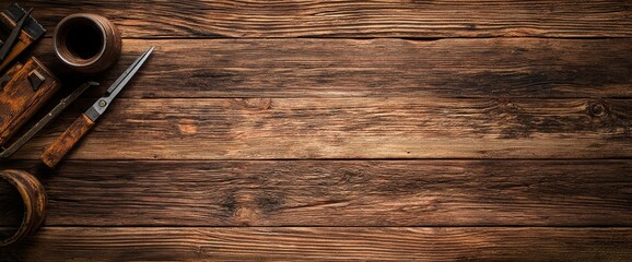 A top-down view of building tools (with copy space) on a wooden table emphasizes the importance of craftsmanship and DIY in the construction industry.