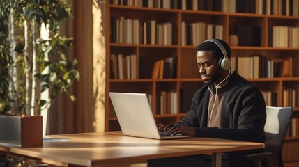 Poster - A man sits attentively at a wooden table in a library, wearing headphones while working on his laptop. Soft sunlight filters through the windows, illuminating the rows of books in the background.