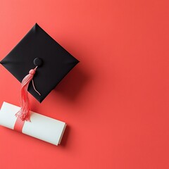 Top view of a black graduation cap and a rolled diploma with a red ribbon placed on a vibrant background. Promotion, poster