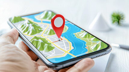 Poster - Smartphone displaying vibrant map with location pin for navigation and travel purpose in modern lifestyle