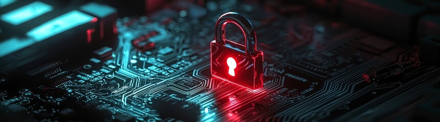 An electronic circuit board with a glowing padlock represents cybersecurity and data protection in the digital age.