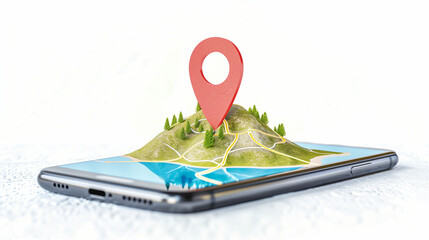Poster - Smartphone displaying a map with location pin on a scenic landscape