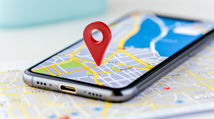 Poster - Smartphone with map location pin on display showing navigation and GPS tracking features