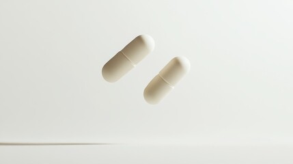 Two small white pills are suspended midair, sharply focused against a pristine white background, emphasizing their shape and texture in a minimalist composition