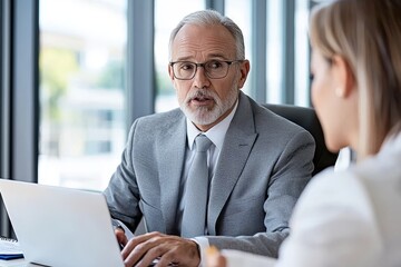 Poster - Professional business minds analyzing financials at a meeting in an office looking at computers. A professional manager consulting with a corporate client using a laptop.