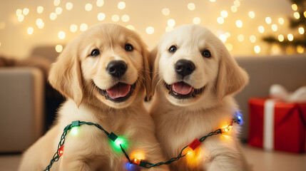 Two playful labrador puppies tangled in colorful Christmas lights in cozy living room setting with copy space for text