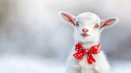 Cute baby goat with Christmas bow in snowy field,  copy space for text

