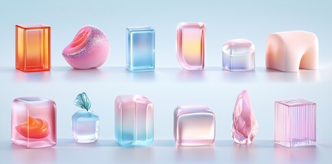Poster - Y2K glass gradient shapes, crystal modern futuristic figure, neon pink cross, sphere, cone, ring 3D shapes icon set.