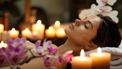 Relaxing facial treatment in a serene spa environment adorned with candles and orchids