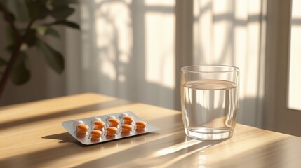 Aufkleber - Morning sunlight reflects off a glass of water placed next to a blister pack of orange tablets on a wooden table. The calming atmosphere suggests a moment for taking medication and self-care.