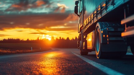 A truck parked by a road during a vibrant sunset, highlighting transportation and nature.