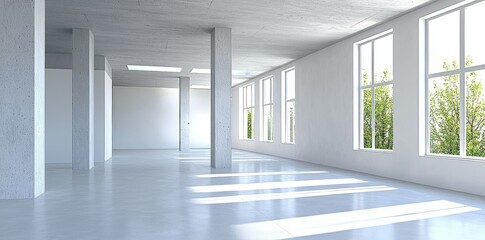 The background is an abstract, modern concrete room with pillars, square ceiling lights, and a rough floor.