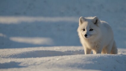 Wall Mural - Little white arctic fox peeking through clean snow.