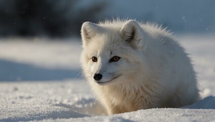 little white arctic fox peeking through clean snow.