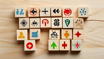 Colorful wooden blocks featuring diverse symbols arranged on a light wood surface