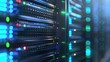 © VICHIZH - A close up view of server racks with glowing LED lights in a data center environment The scene features a modern and high tech aesthetic
