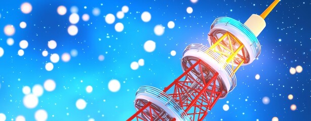 Poster - Symbolizing the power of communication, the telecommunication tower connects new lines and nodes to the global network
