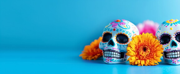 sugar skulls and marigold flowers for day of the dead altar, traditional mexican holiday decorations