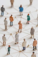 Poster - on a simple background, a collection of simple miniature people shapes are connected by thread lines