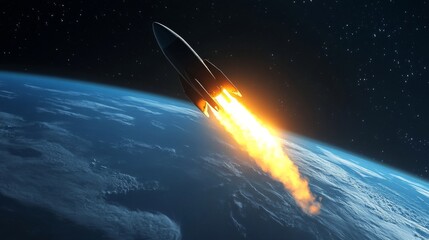 Aufkleber - A rocket soars into space, leaving a fiery plume behind as it breaks through Earth's atmosphere, symbolizing humanity's pursuit of exploration beyond our planet.