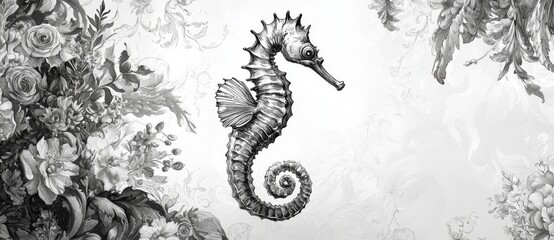 Seahorse under the sea in zentangle style hand drawn sketch.