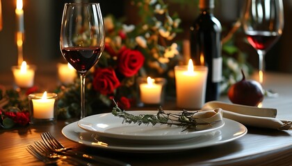 Wall Mural - Elegant dining arrangement with wine glasses, flickering candles, and a gourmet feast