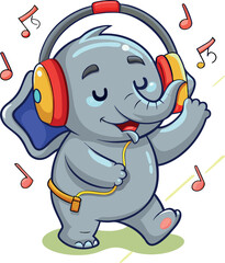 Wall Mural - Cute cartoon elephant character listening music with headphones walking and dancing