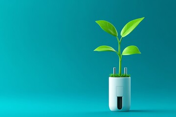 Poster - a simple illustration of a plant growing out of a power plug, symbolizing green energy in a clean, m