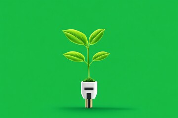 Poster - a simple illustration of a plant growing out of a power plug, symbolizing green energy in a clean, m
