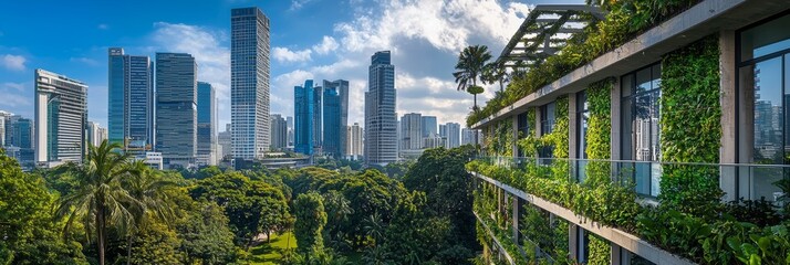 Building exterior showcasing sustainable design and energy efficiency in a modern city setting. Sustainable green building. Eco-friendly building. Green architecture.