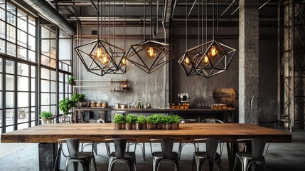 An industrial dining space with a large wooden table, metal chairs, and a series of geometric metal light fixtures above