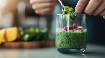 A person garnishes a green smoothie with vibrant raspberries, demonstrating careful preparation and an emphasis on combining healthy ingredients for a nutritious drink in the kitchen.