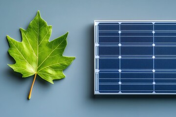 Poster - A single green leaf and a solar panel side by side, representing the harmony between nature and renewable energy in a minimalist setting