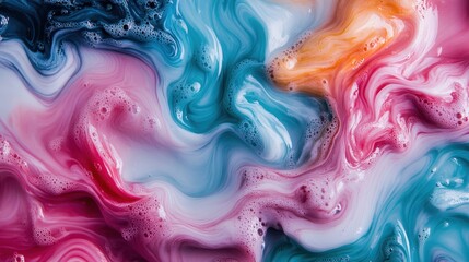 This image showcases a swirling mixture of vibrant colors including blue, pink, and orange, creating an abstract liquid paint effect with textures and gradients.