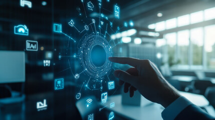 Poster - a person interacts with a digital interface showcasing various technology icons in a modern office s