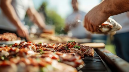 Grilled meat pieces garnished with fresh herbs are cooked on a barbecue with people attending the meal in what appears to be a sunny outdoor setting.