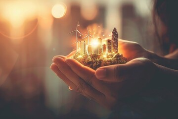 Aufkleber - Miniature city with wind turbines held in hands, symbolizing sustainable urban development and the integration of renewable energy in future cities., Generative AI