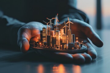 Aufkleber - Miniature city with wind turbines held in hands, symbolizing sustainable urban development and the integration of renewable energy in future cities., Generative AI