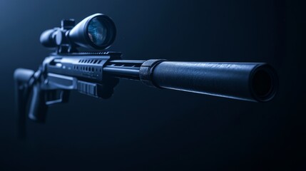 Wall Mural - A modern rifle with a silencer and a special sight, designed for police and special forces. The photo shows the weapon on a dark background.