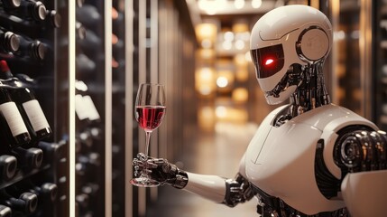 Poster - A humanoid robot is holding a glass of red wine in a winery setting