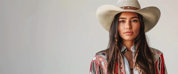 Woman in cowboy hat and embroidered jacket. Western fashion and cultural fusion. Banner with copy space