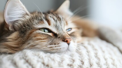 A fluffy tabby cat laid back on a soft white blanket, eyes half open, evoking a sense of tranquility, warmth, and coziness within a domestic environment. Ideal for comfort themes.