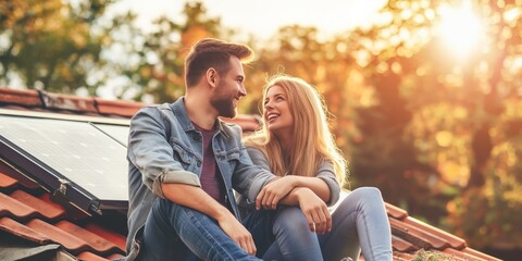 Aufkleber - Happy couple enjoying a sunny day on their rooftop surrounded by solar panels, representing sustainable energy and modern eco-friendly lifestyle, Generative AI