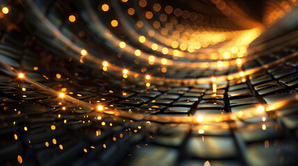 Abstract Glowing Grid with Golden Light Particles