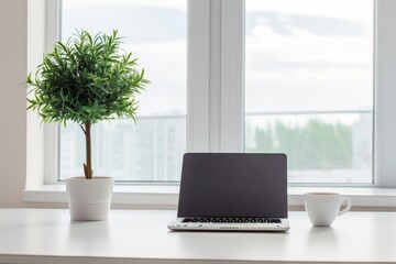 Aufkleber - Minimalist home office setup with a laptop and green plants on a white desk, creating a clean and bright workspace that promotes productivity and creativity., Generative AI