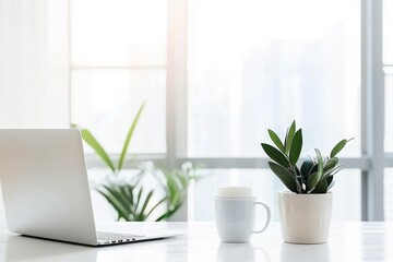 Aufkleber - Minimalist home office setup with a laptop and green plants on a white desk, creating a clean and bright workspace that promotes productivity and creativity., Generative AI
