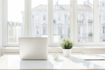 Aufkleber - Minimalist home office setup with a laptop and green plants on a white desk, creating a clean and bright workspace that promotes productivity and creativity., Generative AI