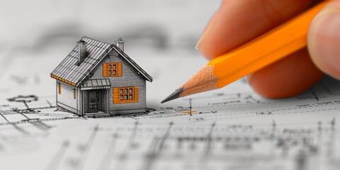 Aufkleber - Miniature house model with a pencil on an architectural plan, representing the detailed design and planning process in real estate development and construction, Generative AI